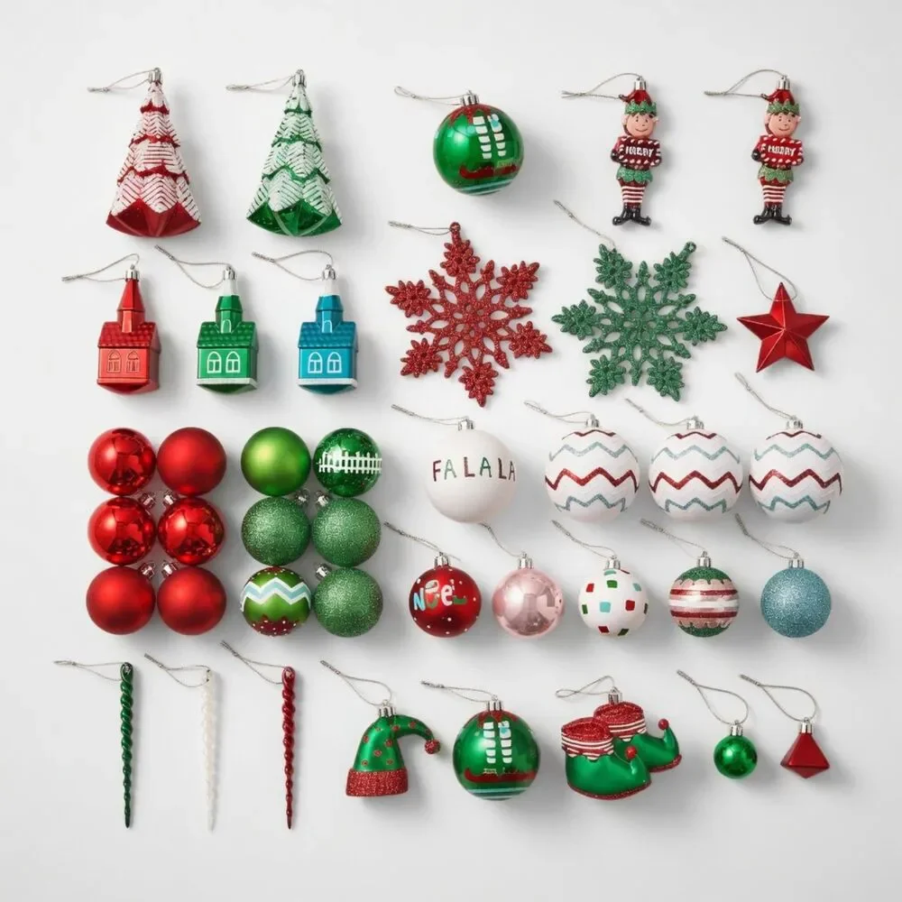 DecorbyHannah 120ct Christmas Tree Elf Red Green White Shatterproof Ornament Set
